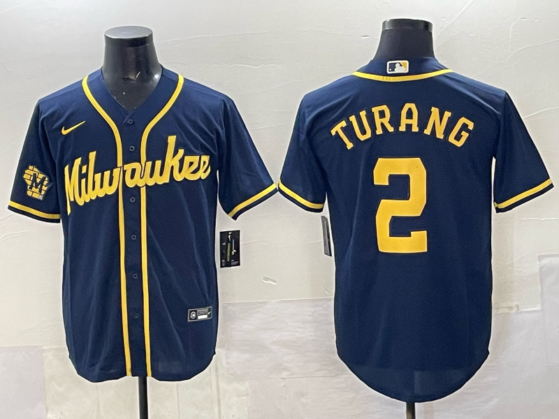 Men's Milwaukee Brewers #2 Brice Turang Navy 2025 With Patch Stitched Baseball Jersey Men's Milwaukee Brewers #2 Brice Turang Navy 2025 With Patch Stitched Baseball Jersey
